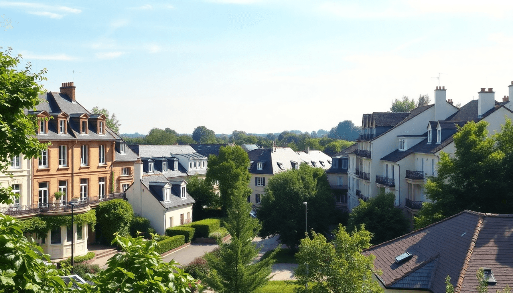Quartier suburbain charmant avec des maisons élégantes et une végétation luxuriante.