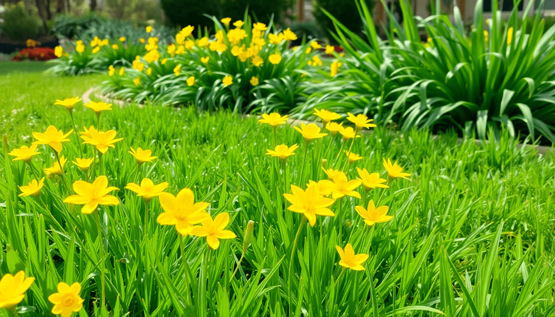 Des boutons d'or jaunes dans des parterres de jardin, avec une douce lumière du soleil