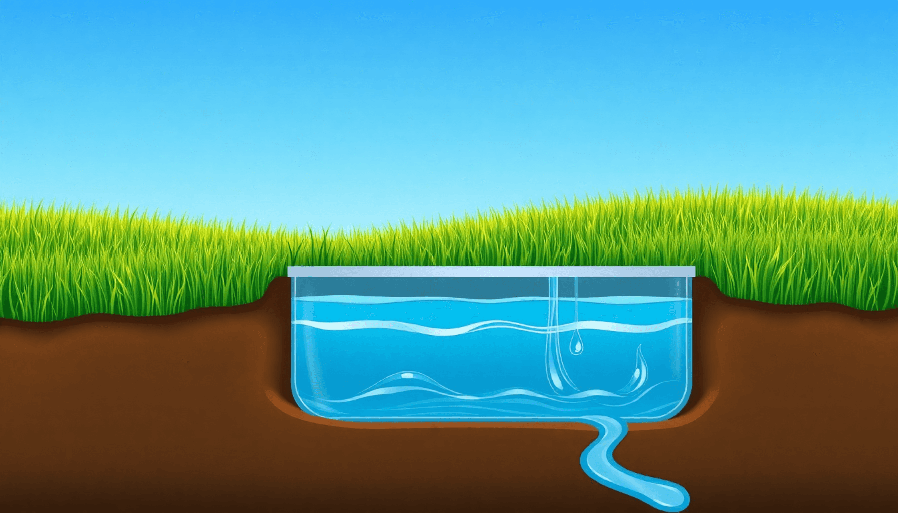 Illustration d'un système de fosse septique moderne enterré sous l'herbe verte et un ciel bleu