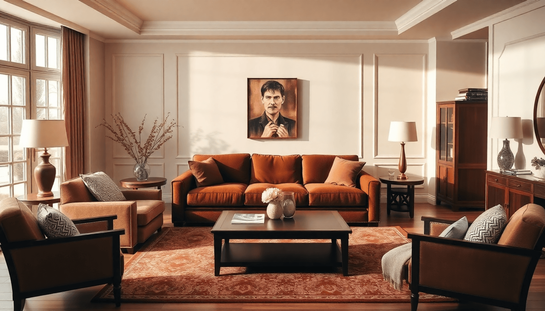 Salon cosy avec un grand canapé marron, des meubles en bois, des coussins doux, des tapis