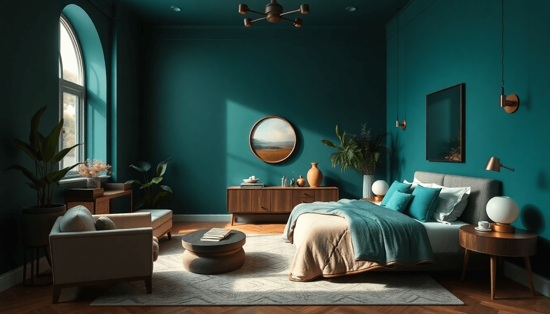 Chambre élégante avec des murs teal profond, des meubles bohèmes, un éclairage doux