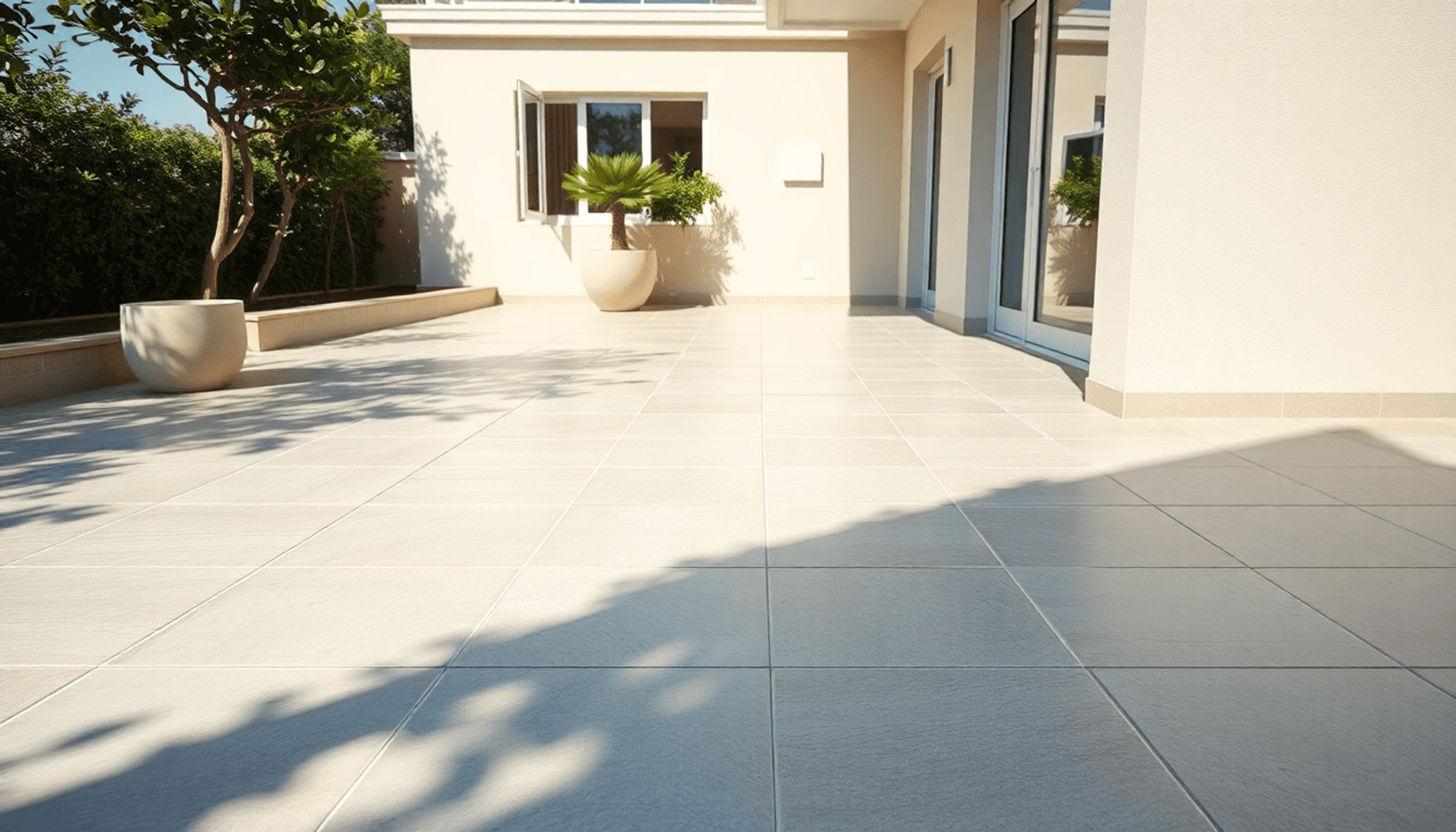 Terrasse extérieure ensoleillée avec des carreaux de couleur neutre, douces ombres des plantes