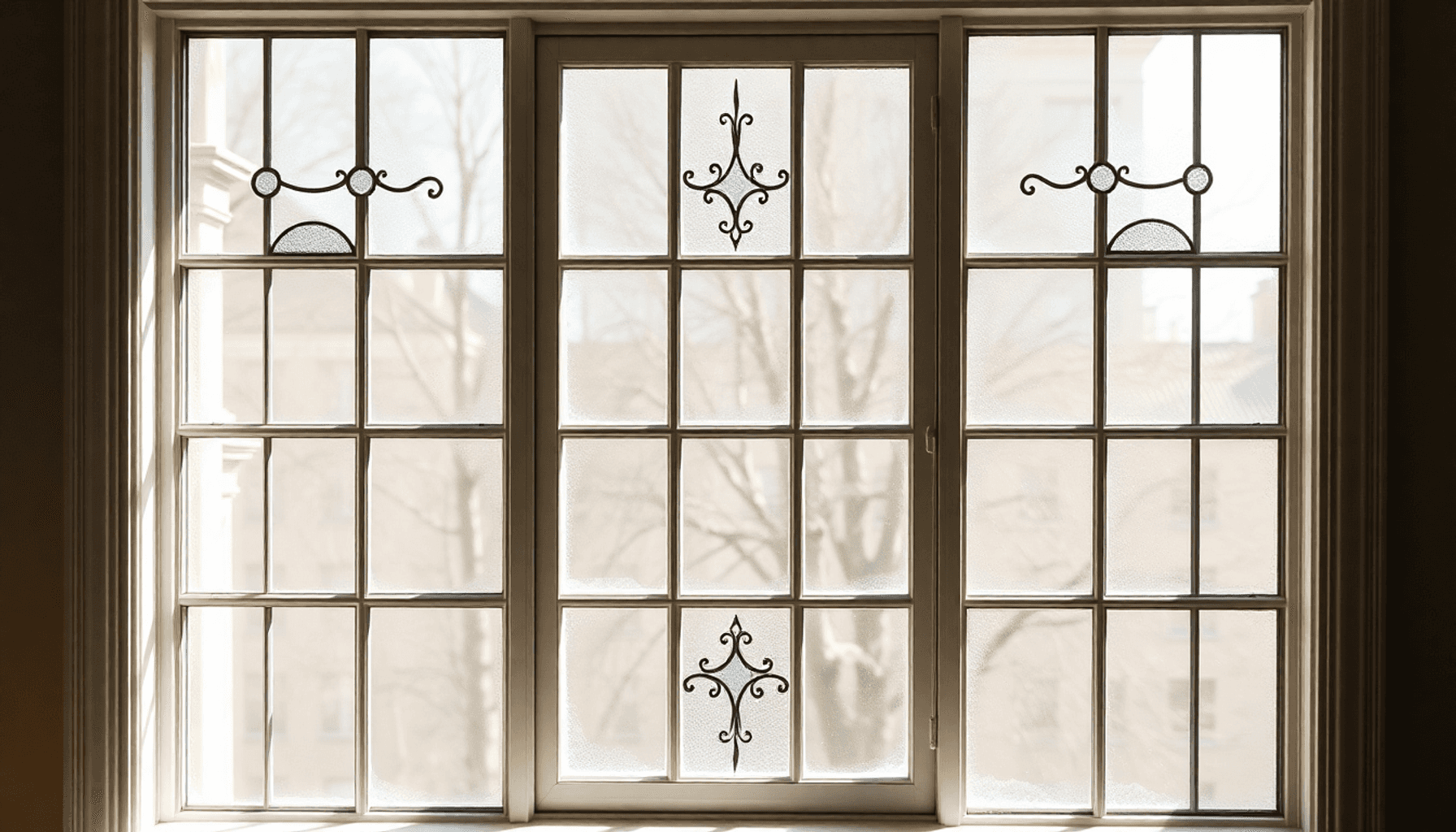 Une fenêtre lumineuse avec des motifs de grille décoratifs divisant le verre en petits carreaux