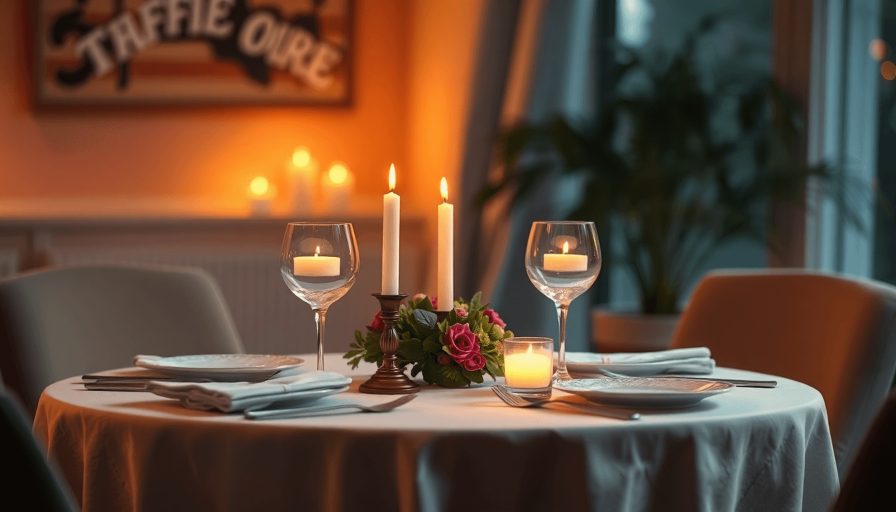 Table de salle à manger confortable pour deux personnes avec des bougies lumineuses et jolies vaisselles