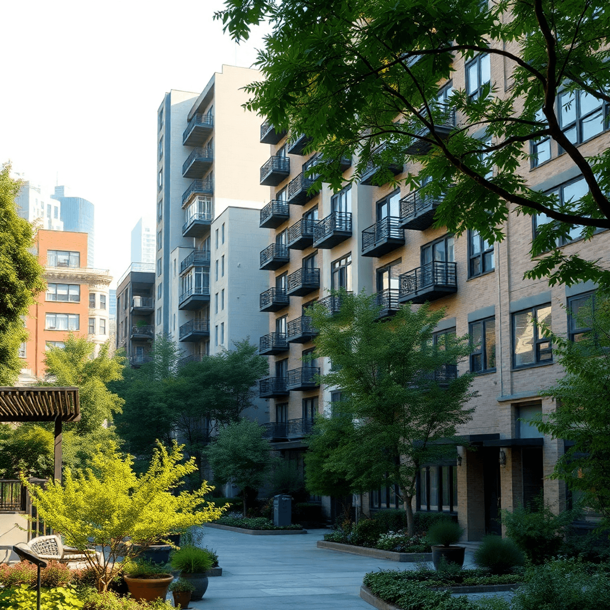 Quartier urbain dynamique avec des bâtiments modernes et historiques, des arbres verts luxuriants et des ja...