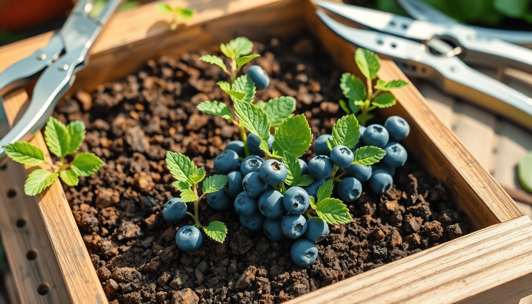 Gros plan de boutures de buisson de myrtilles saines dans un sol texturé avec des sécateurs
