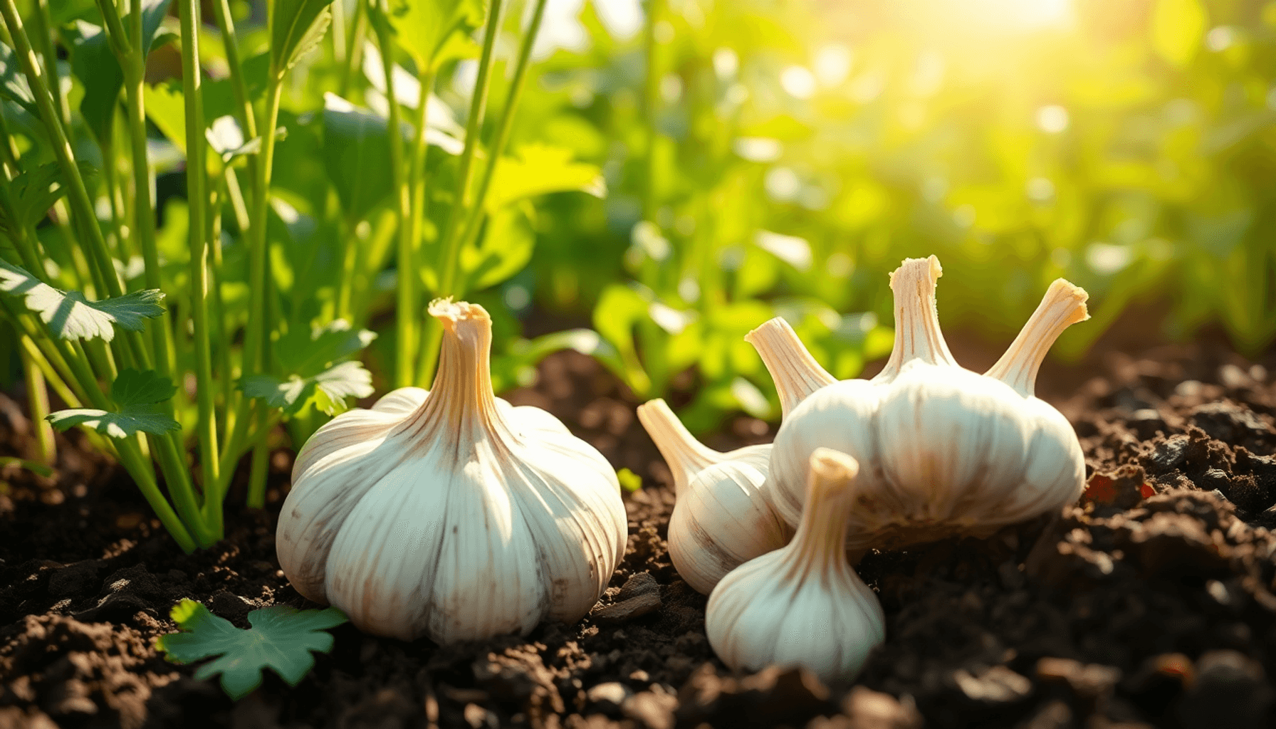 Gros plan sur des bulbes d'ail frais dans un sol riche, avec des plantes vertes et des légumes