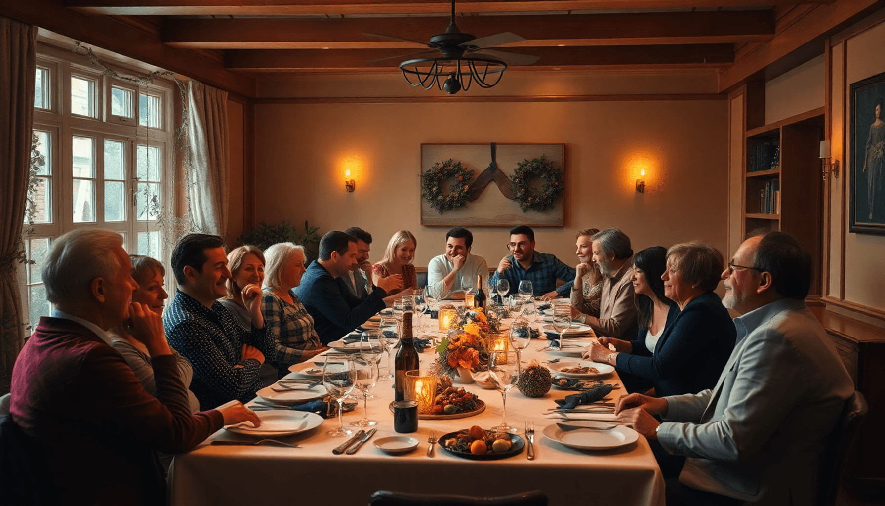 Salle à manger chaleureuse avec une table magnifiquement dressée, des invités profitant de conversations