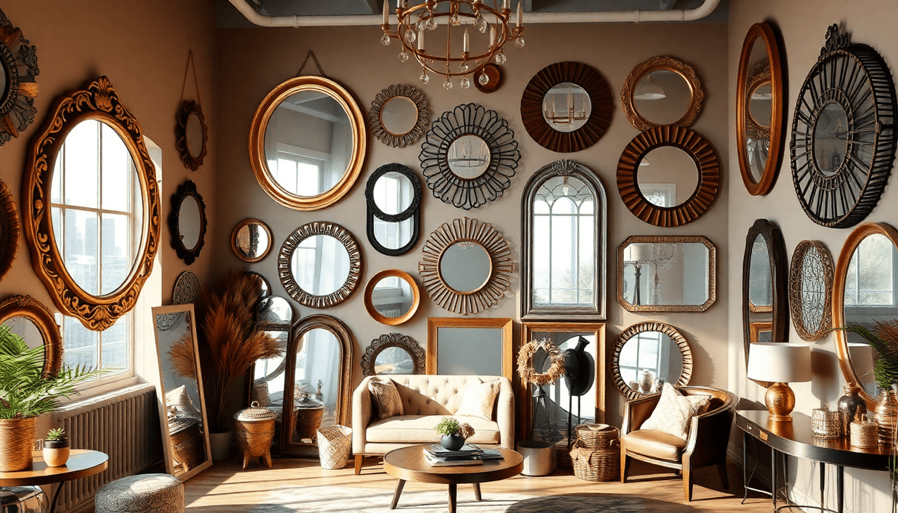 Intérieur lumineux et élégant avec des miroirs et cadres décoratifs muraux variés aux formes diverses