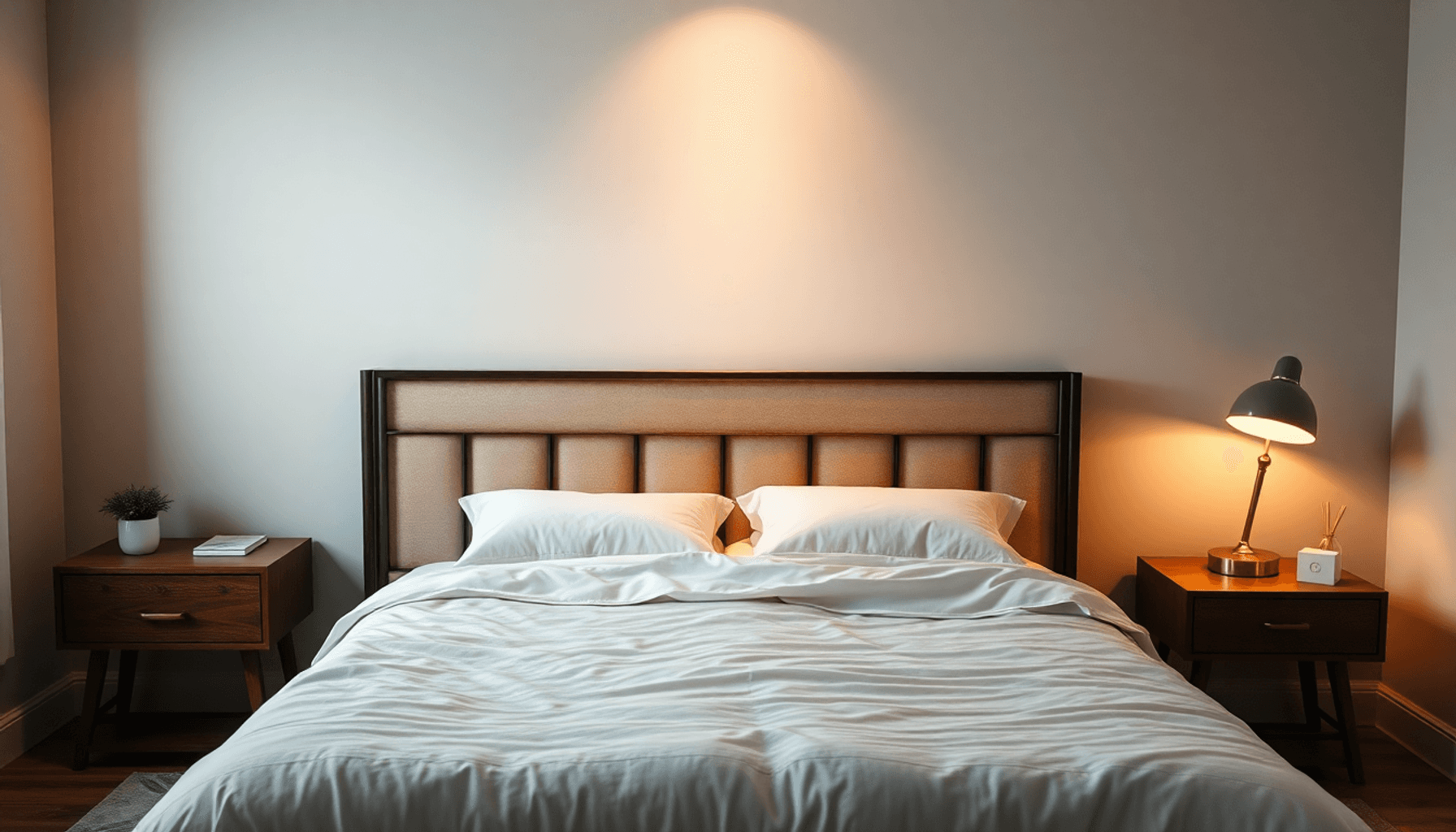 Chambre confortable avec un cadre de lit robuste et une tête de lit fixée de manière sécurisée