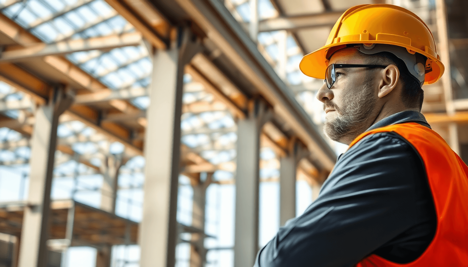 Inspecteur de construction en casque de sécurité et gilet réfléchissant examinant des poutres structurelles