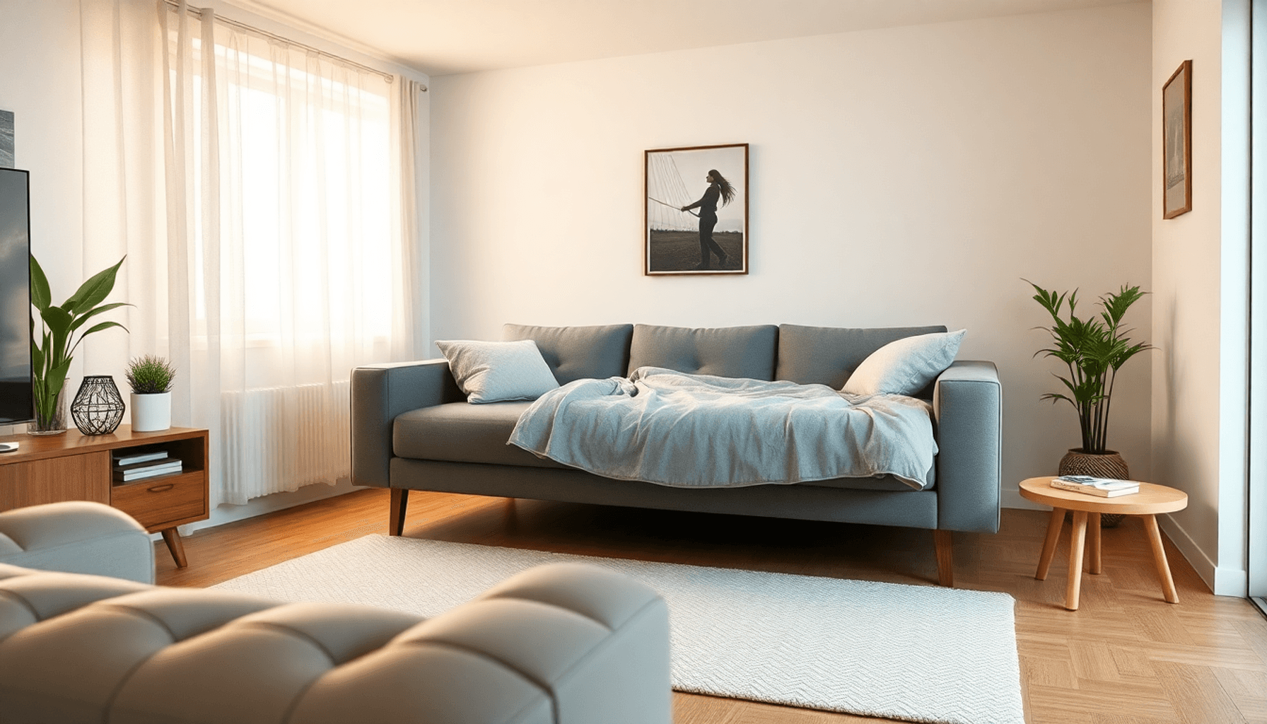 Salon lumineux et moderne avec un canapé convertible de style scandinave partiellement déplié