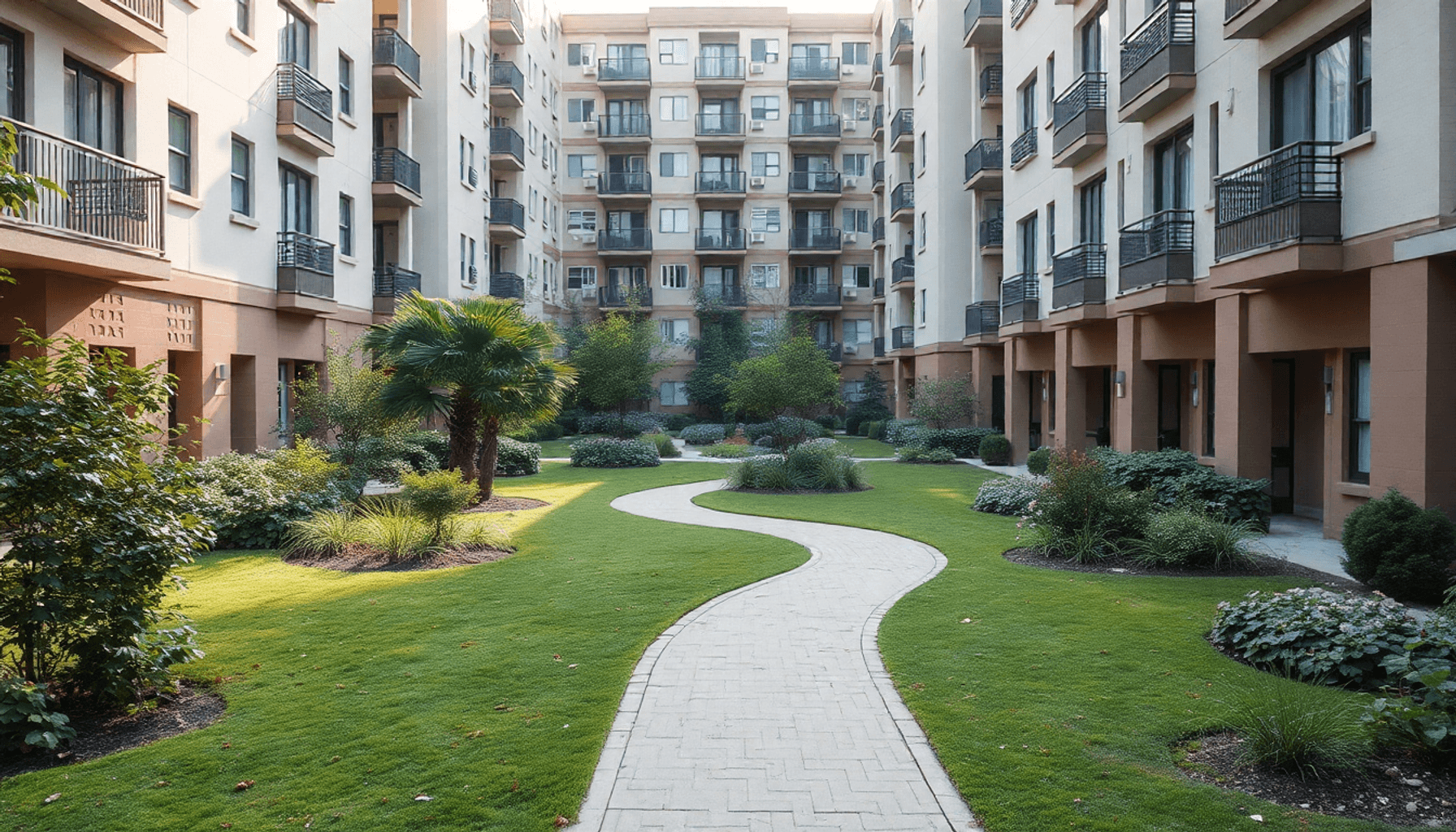 Un cour tranquille avec un chemin sinueux à travers des espaces verts entre les immeubles