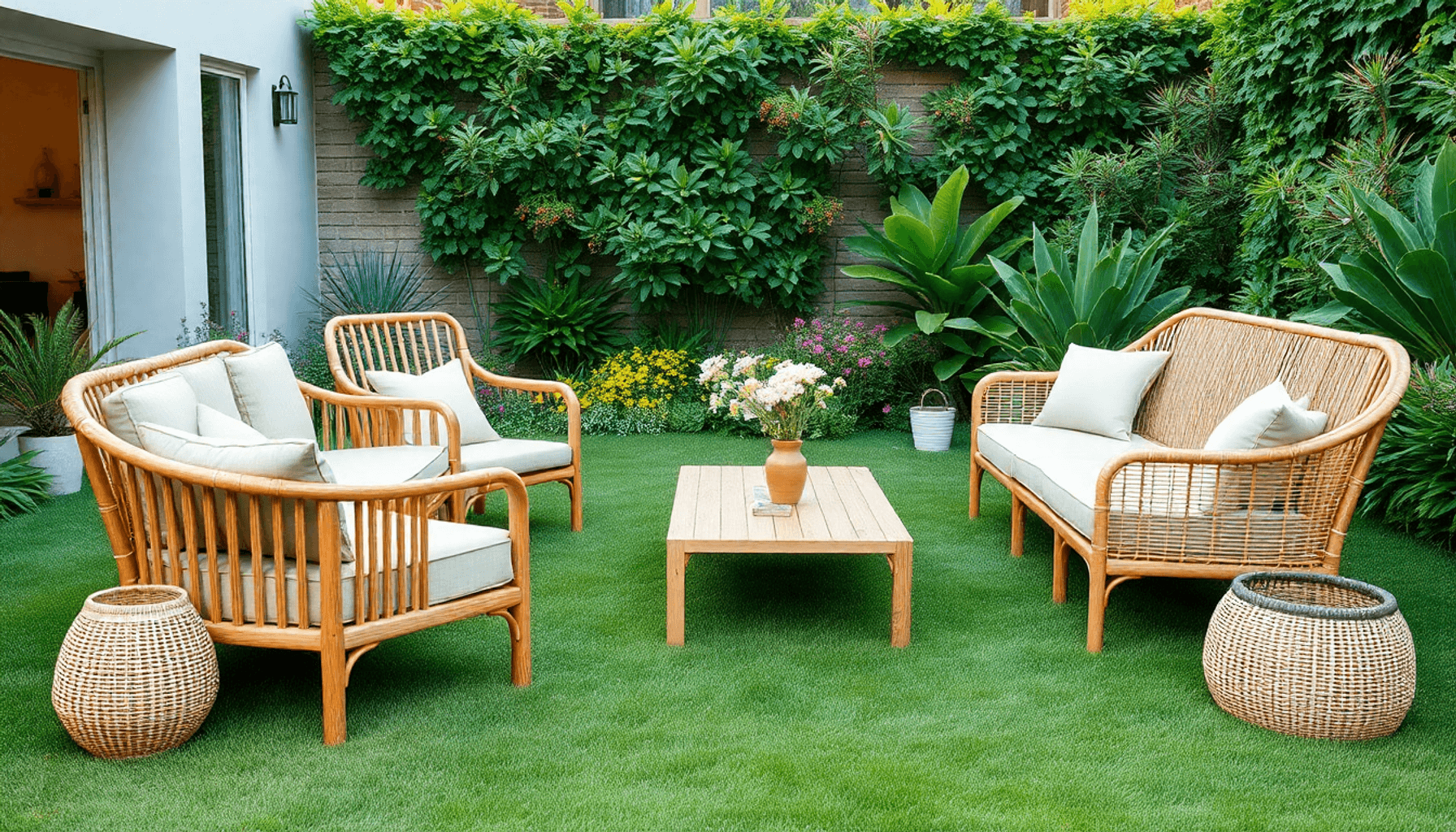 Jardin extérieur avec des meubles en bois et en rotin sur une pelouse verte