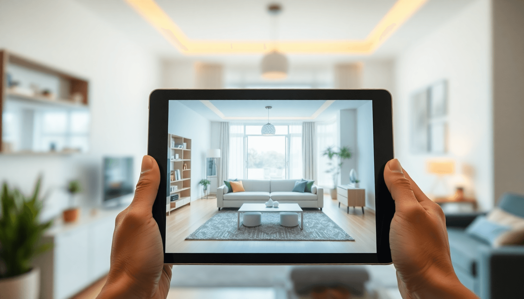 Personne tenant une tablette montrant un intérieur d'appartement moderne et lumineux