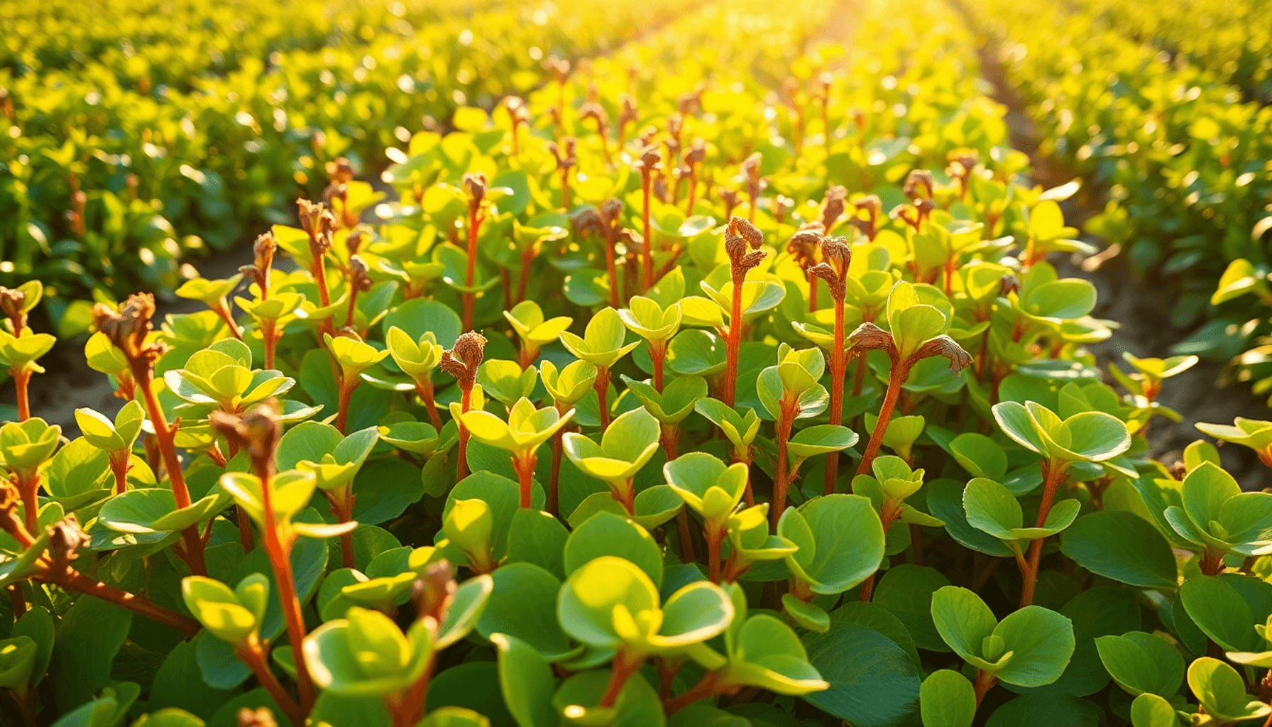 Jardin luxuriant avec des succulentes à tiges rouges épaisses et des feuilles vertes