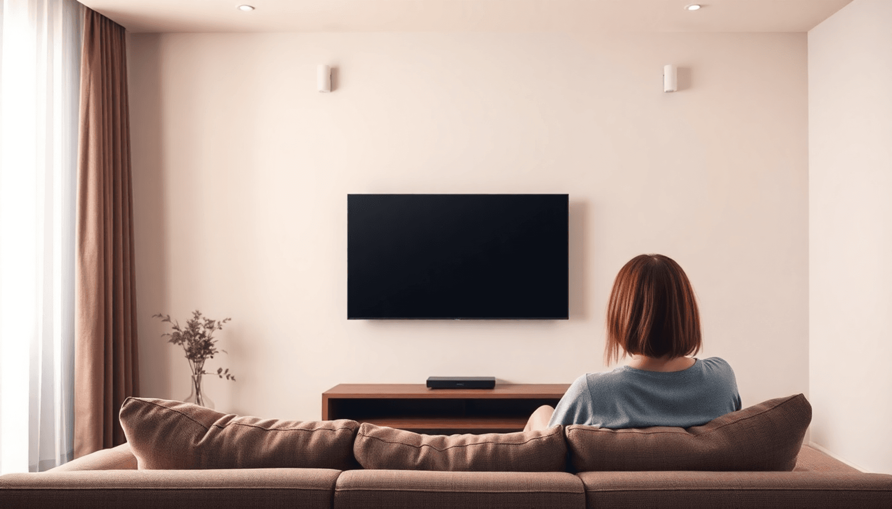 Salon moderne avec un téléviseur à écran plat monté à hauteur des yeux, canapé confortable