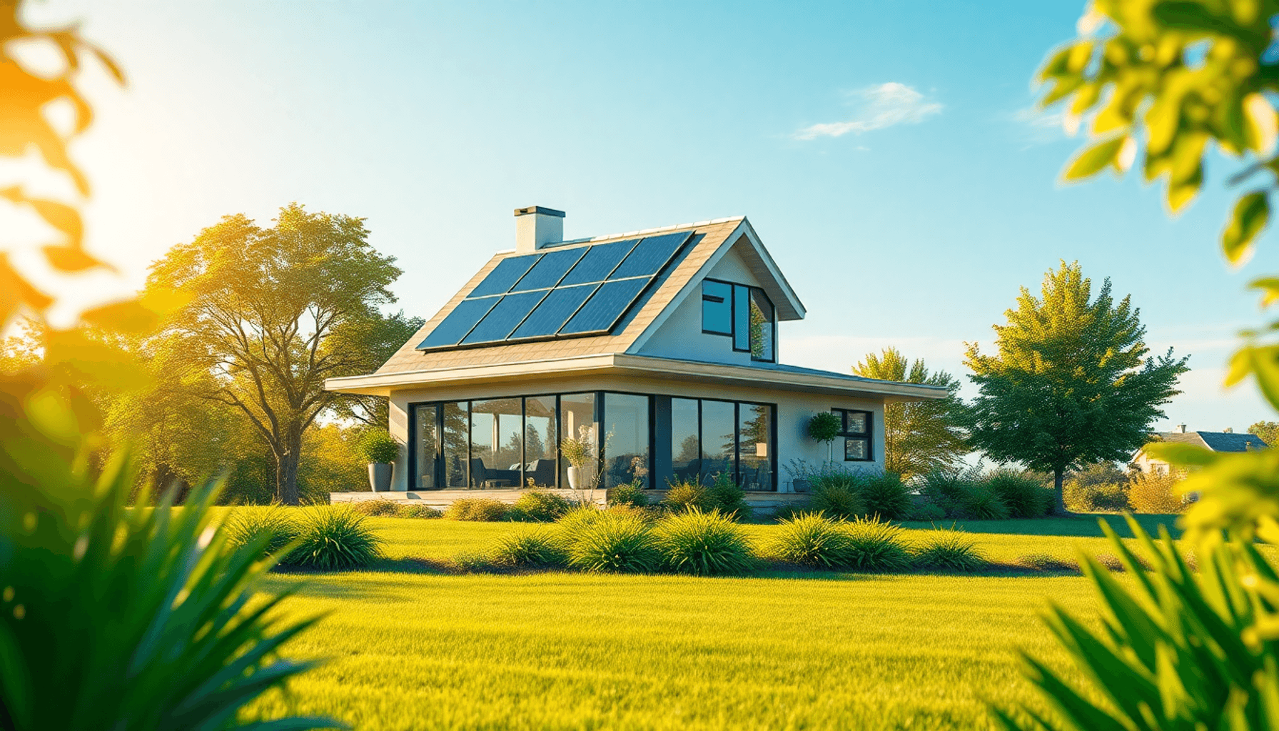 Une maison individuelle moderne avec des panneaux solaires et de grandes fenêtres