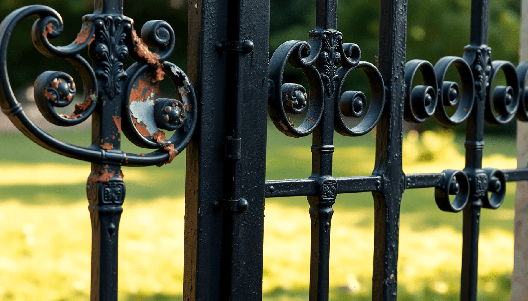 Gros plan sur un portail en fer forgé orné avec de la rouille, de la peinture écaillée