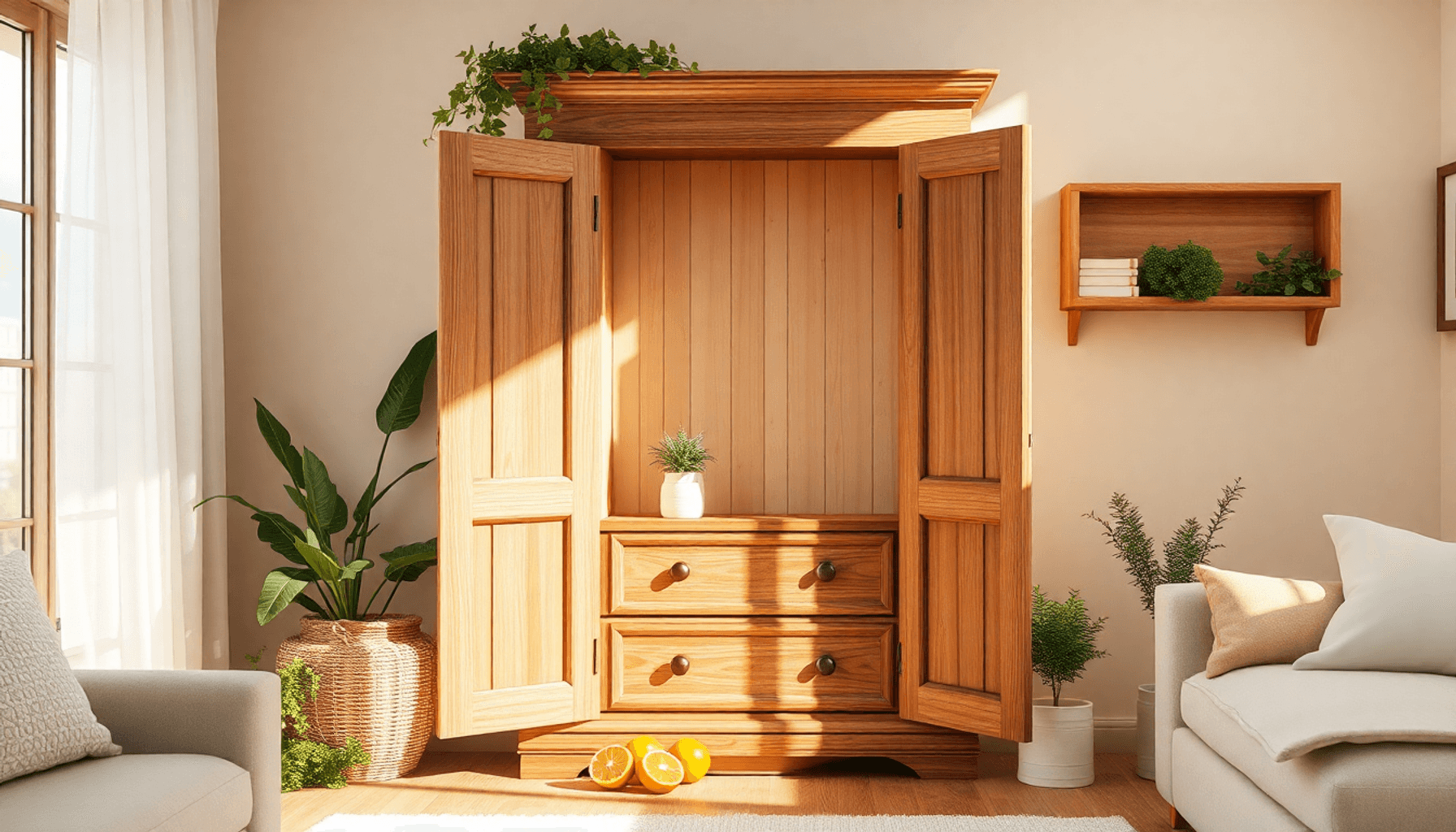 Cabinet en bois ensoleillé avec des portes ouvertes, herbes fraîches, agrumes et linge blanc