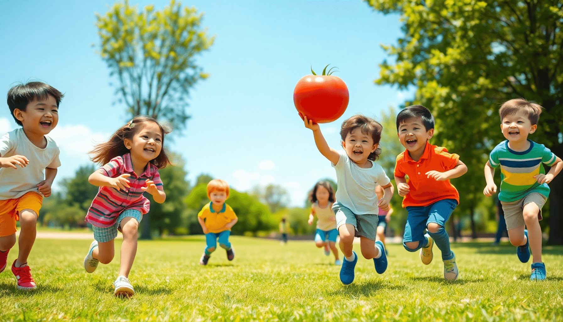 Des enfants jouent à un jeu de balle actif dans un parc ensoleillé, atteignant un ballon coloré