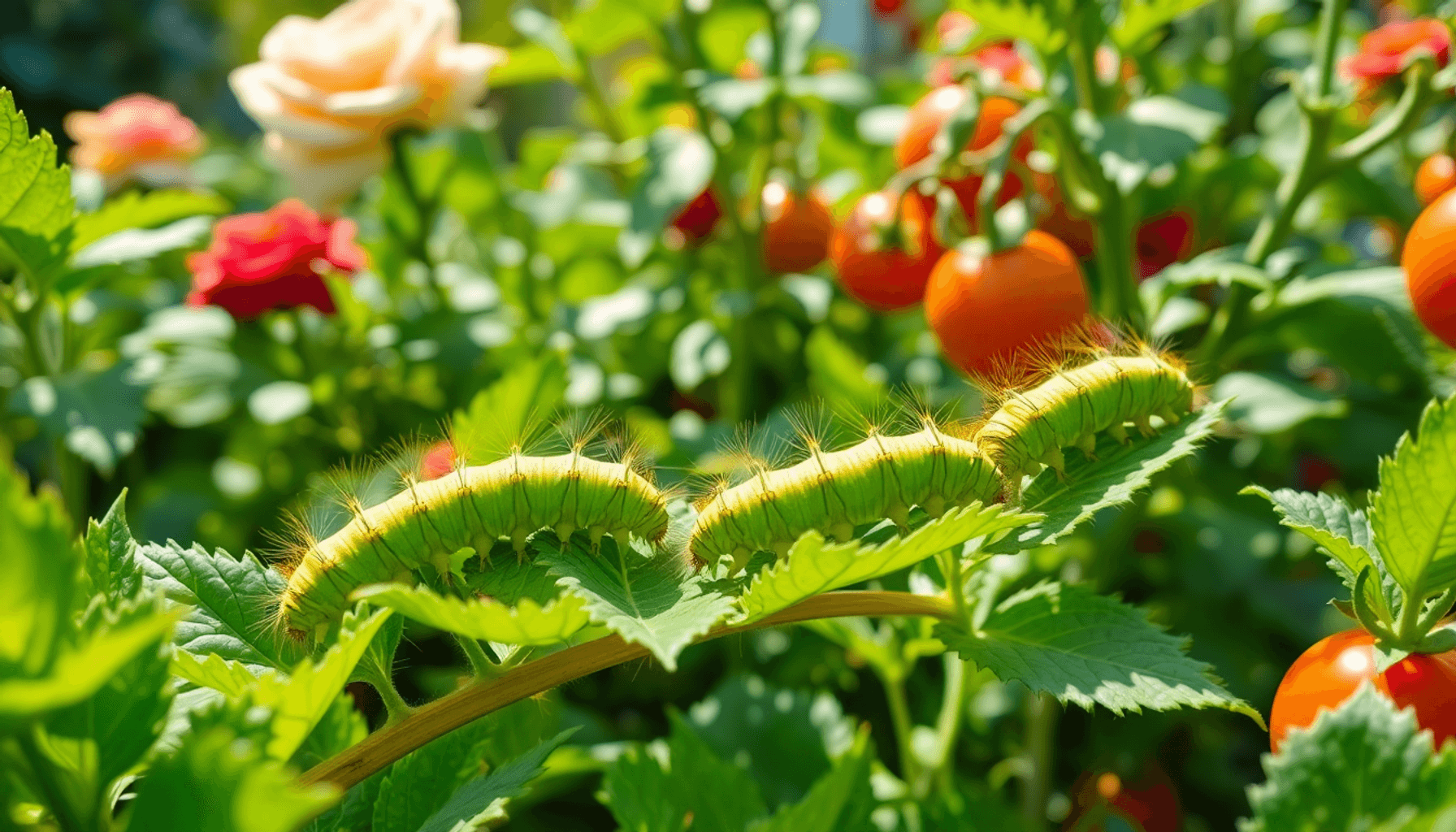 Gros plan sur des chenilles vertes rampant sur des feuilles parmi des roses et des tomates
