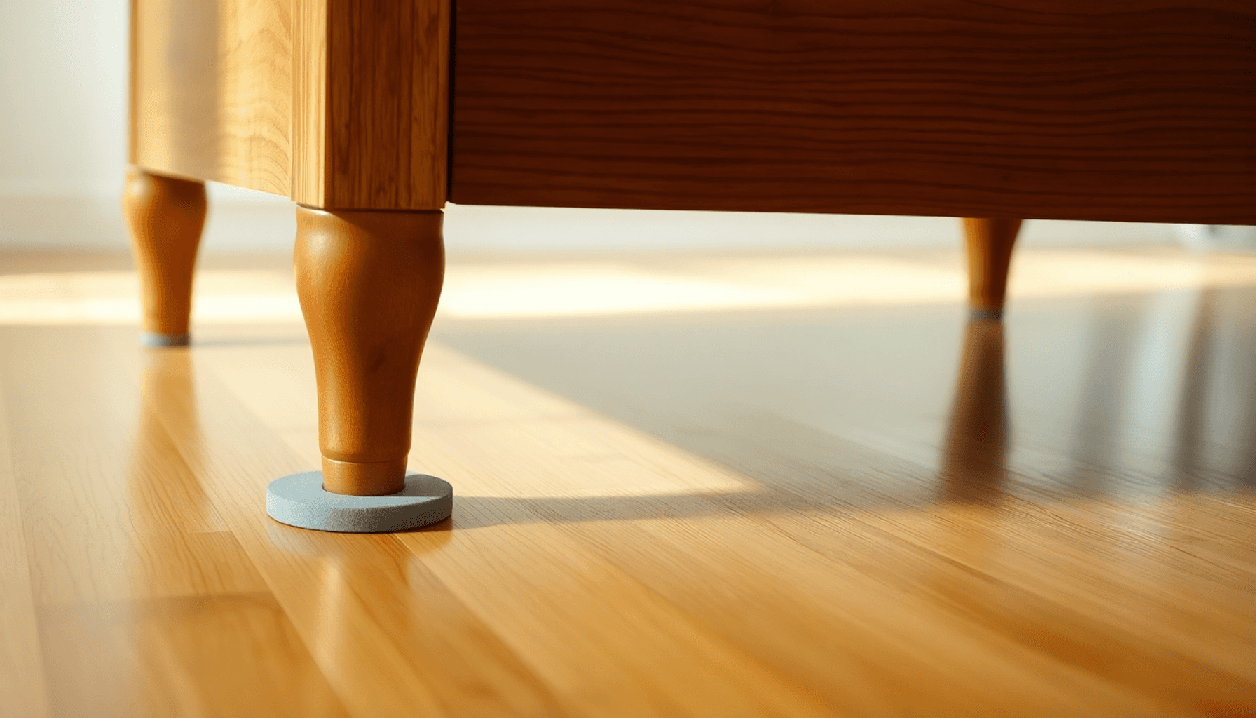 Gros plan sur des meubles en bois glissant facilement sur un sol avec des patins de glisse