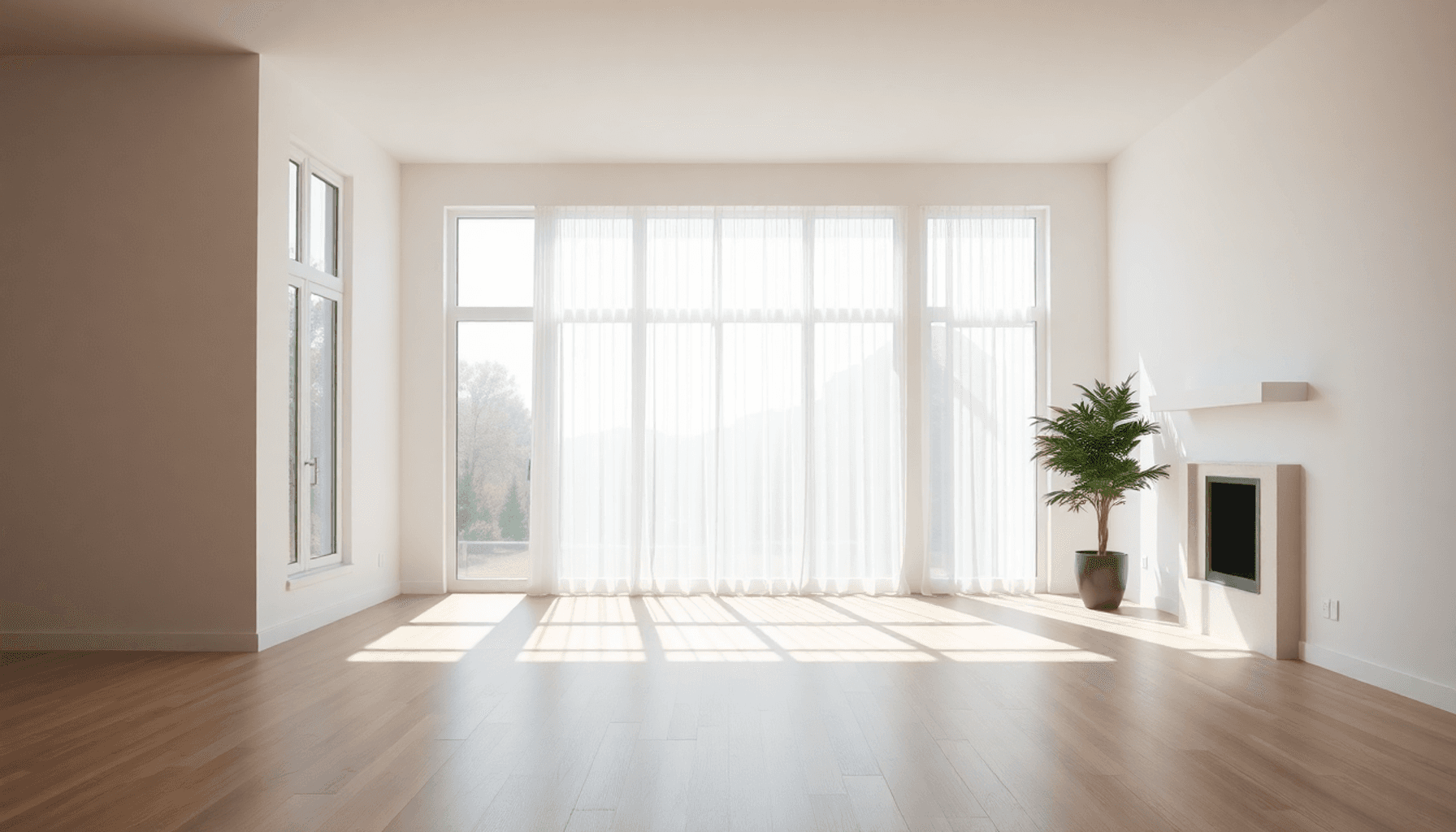 Salon moderne lumineux avec de grandes fenêtres, peinture fraîche, sols propres