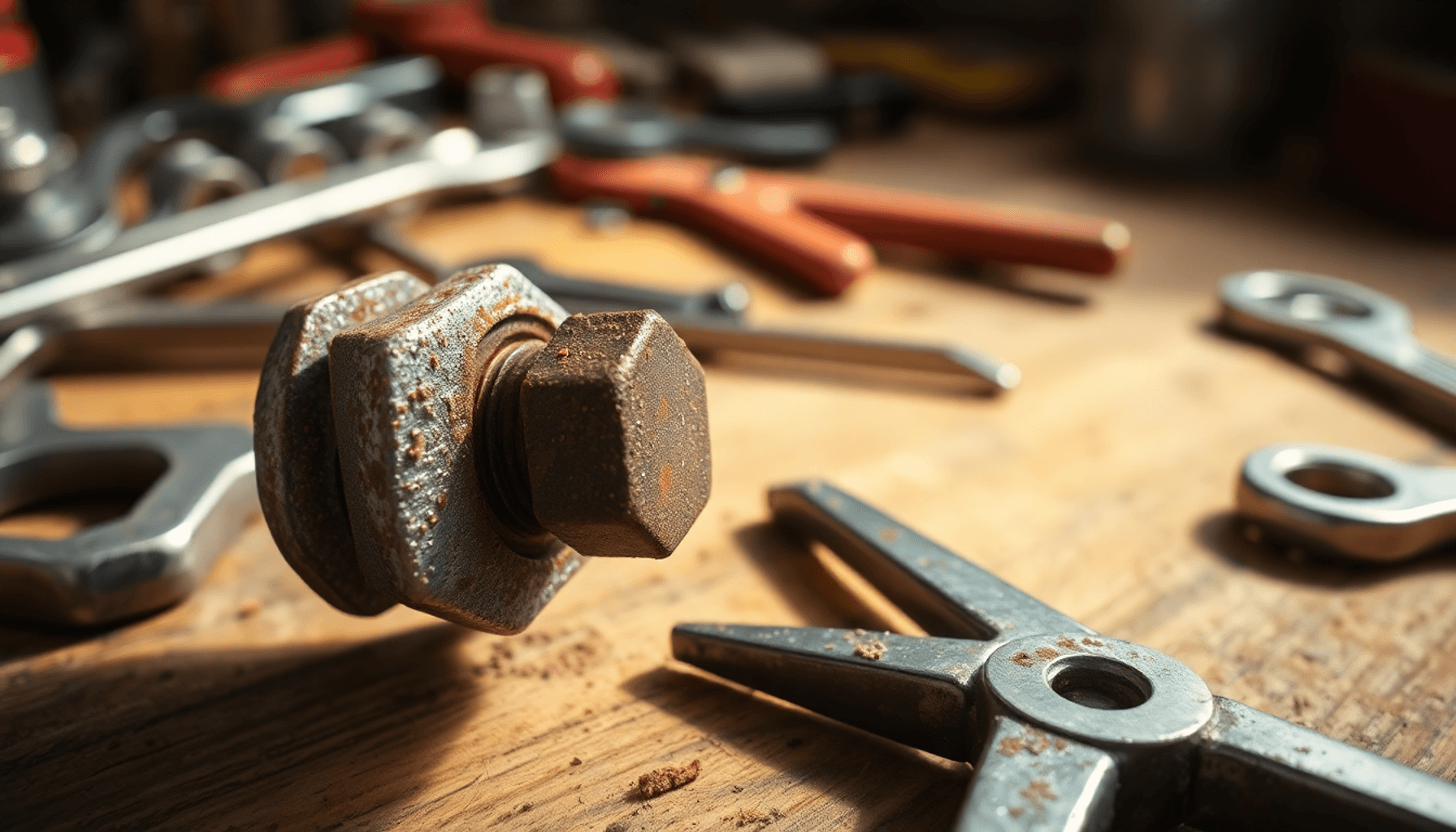 Gros plan sur un écrou rouillé serré sur un boulon avec des outils éparpillés sur un établi en bois