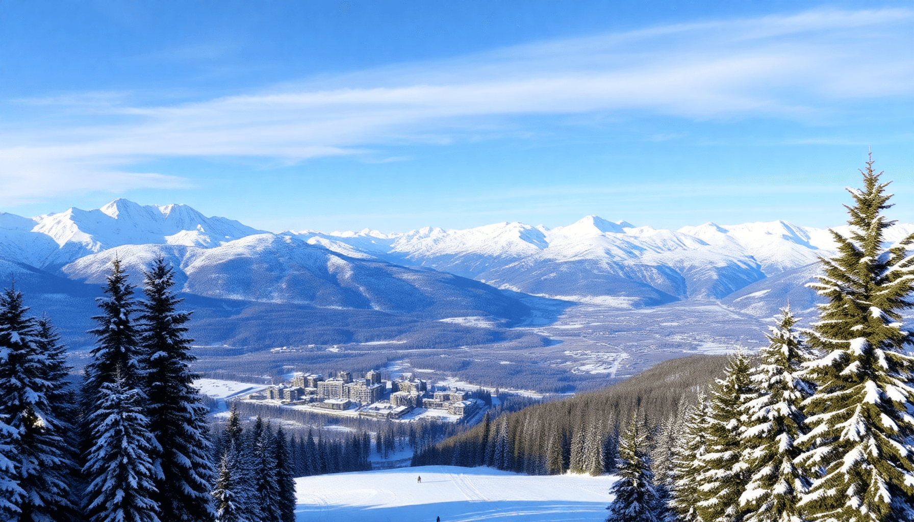 Vue panoramique des montagnes alpines enneigées, station de ski dans la vallée, skieurs sur les pistes
