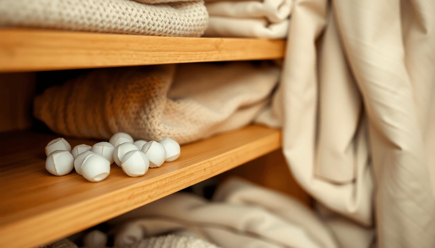 Gros plan sur des boules de naphtaline blanches brillantes sur des étagères en bois