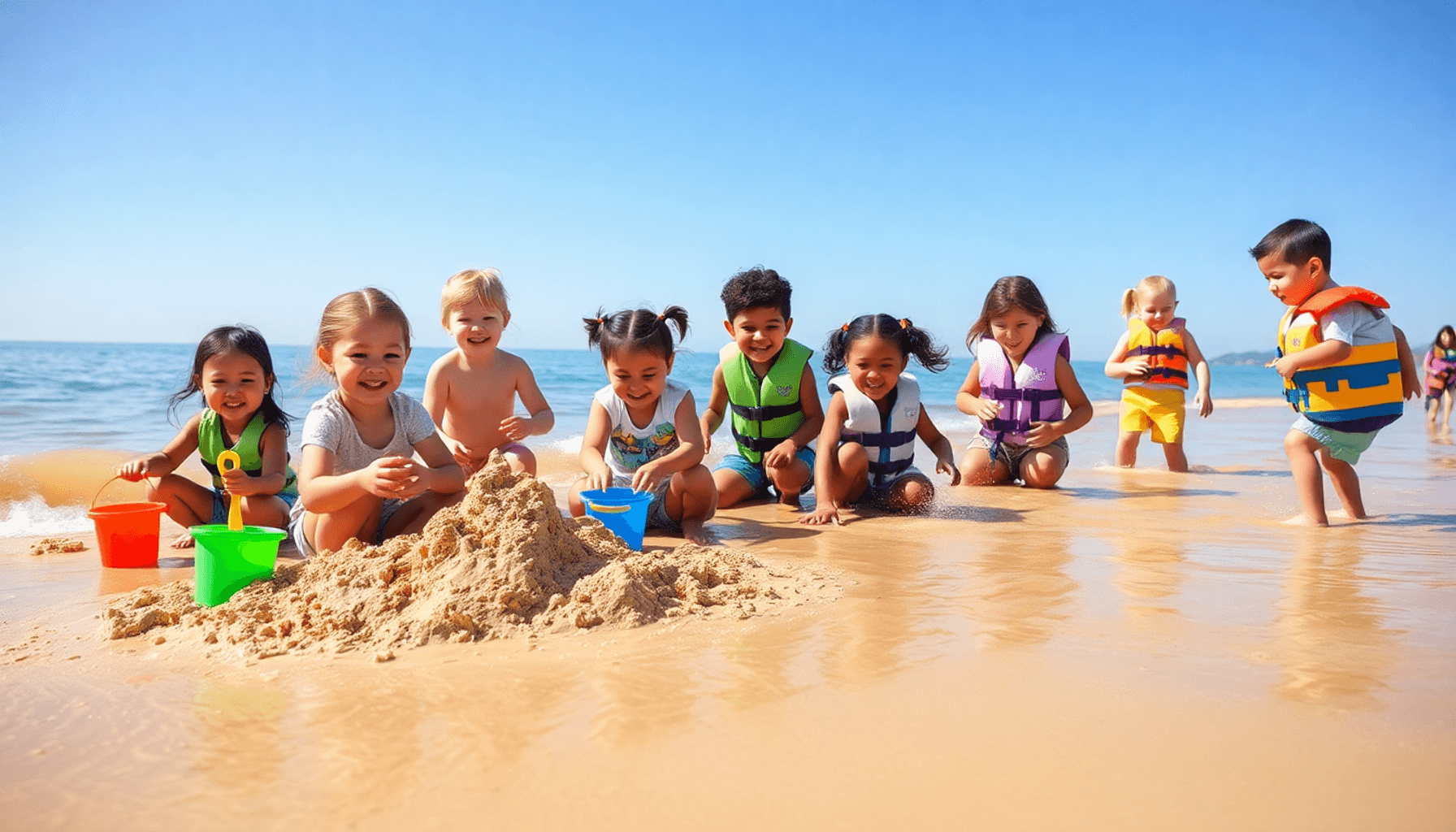 Enfants jouant et construisant des châteaux de sable sur une plage ensoleillée avec des vagues calmes et un...