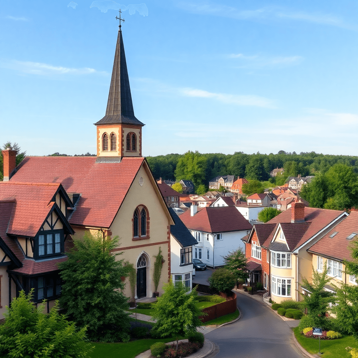 Quartier suburbain pittoresque à Franconville avec une église historique, des maisons modernes