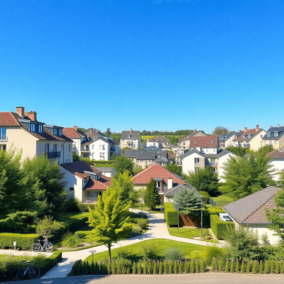 Quartier résidentiel moderne avec appartements, maisons, verdure, chemins piétonniers