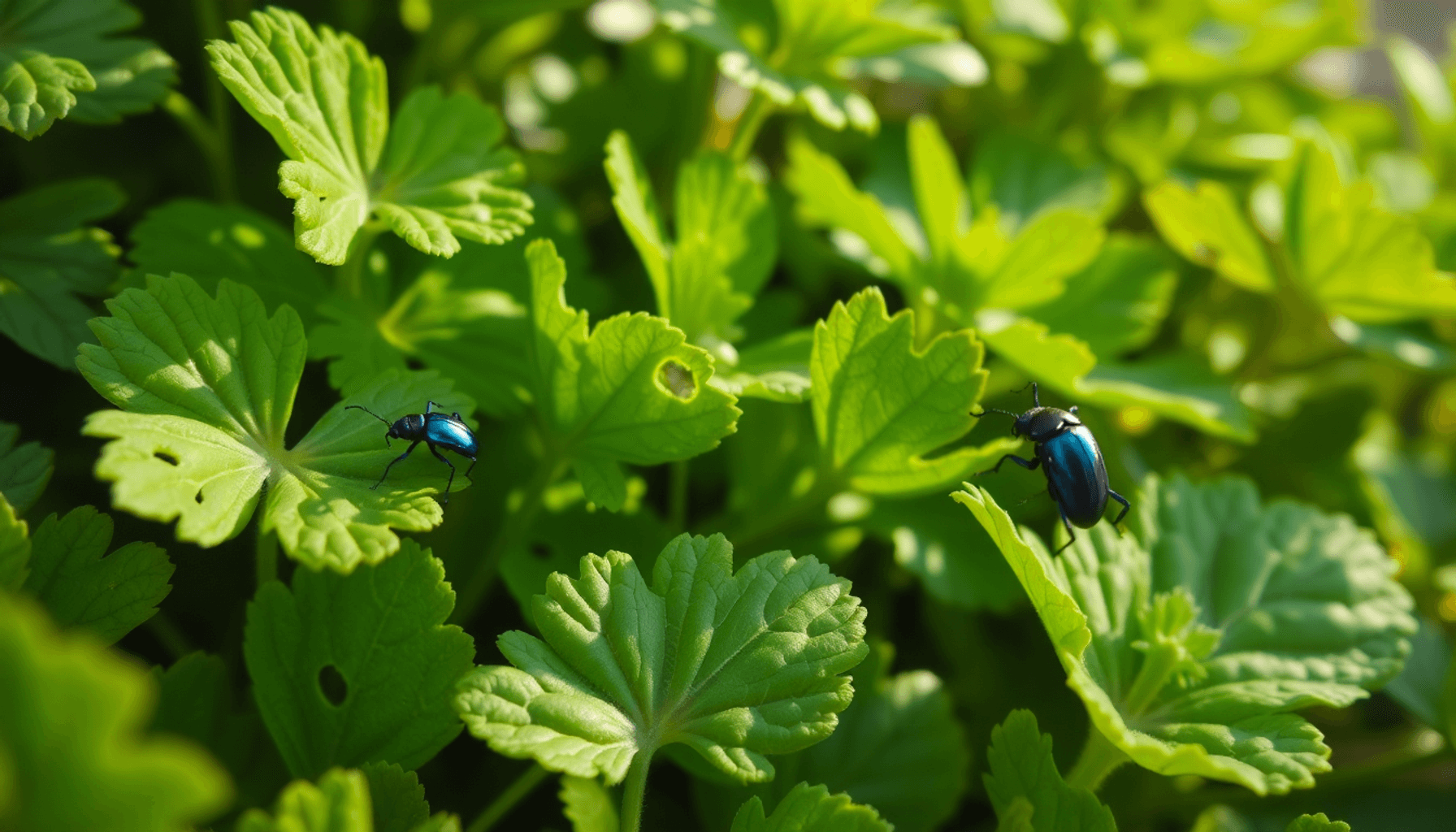 Gros plan sur des feuilles de jardin vertes avec de petits trous et des scarabées bleus