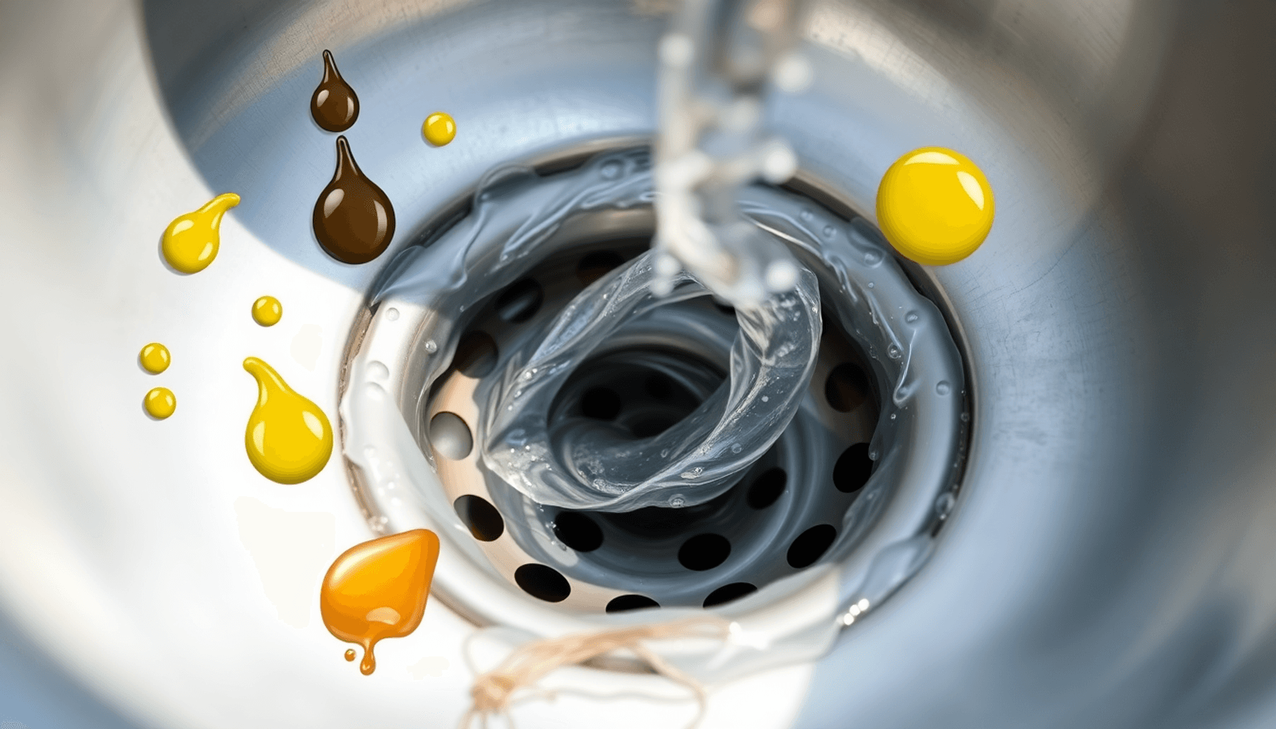 Gros plan d'un drain d'un évier avec de l'eau tourbillonnante et des obstructions abstraites