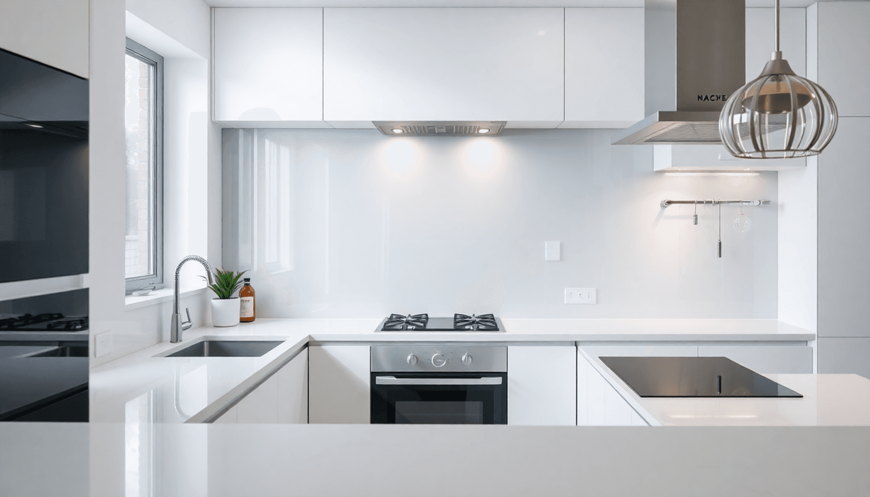 Cuisine moderne avec un dosseret en verre brillant, des plans de travail minimalistes