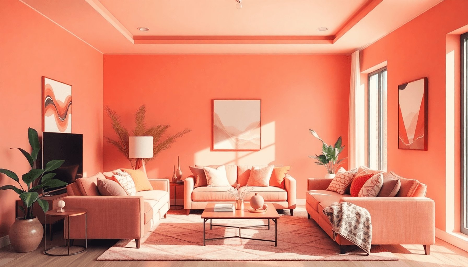 Salon cozy avec des murs corail, des accents doux en rose et orange, une lumière naturelle
