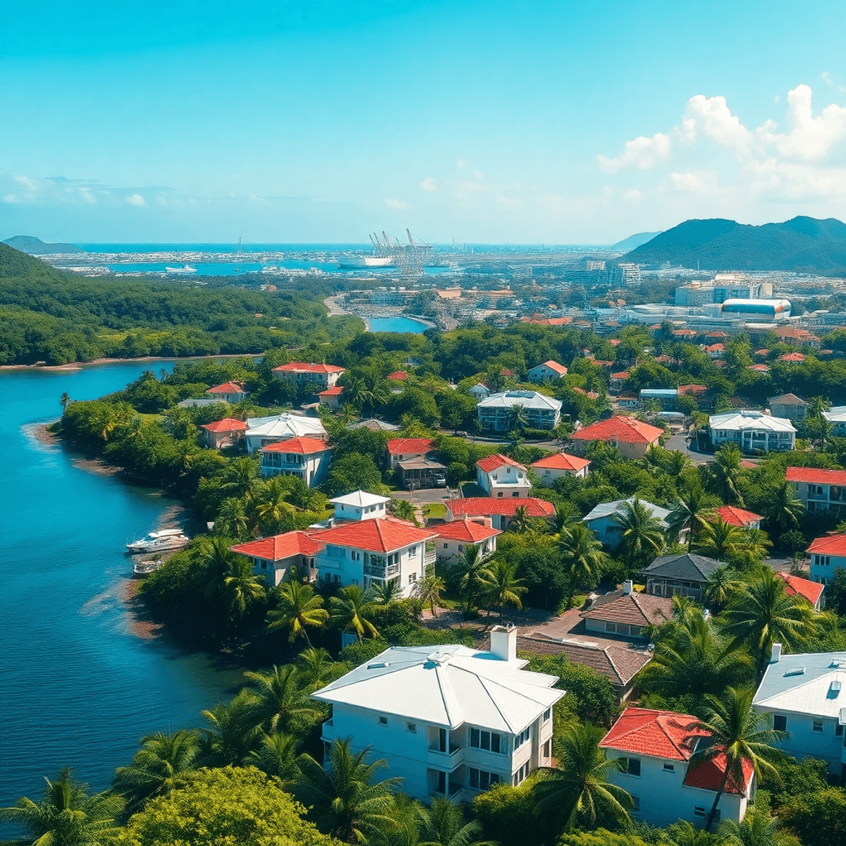 Ville côtière de la Guadeloupe avec des maisons modernes, une végétation tropicale et une zone industrielle...