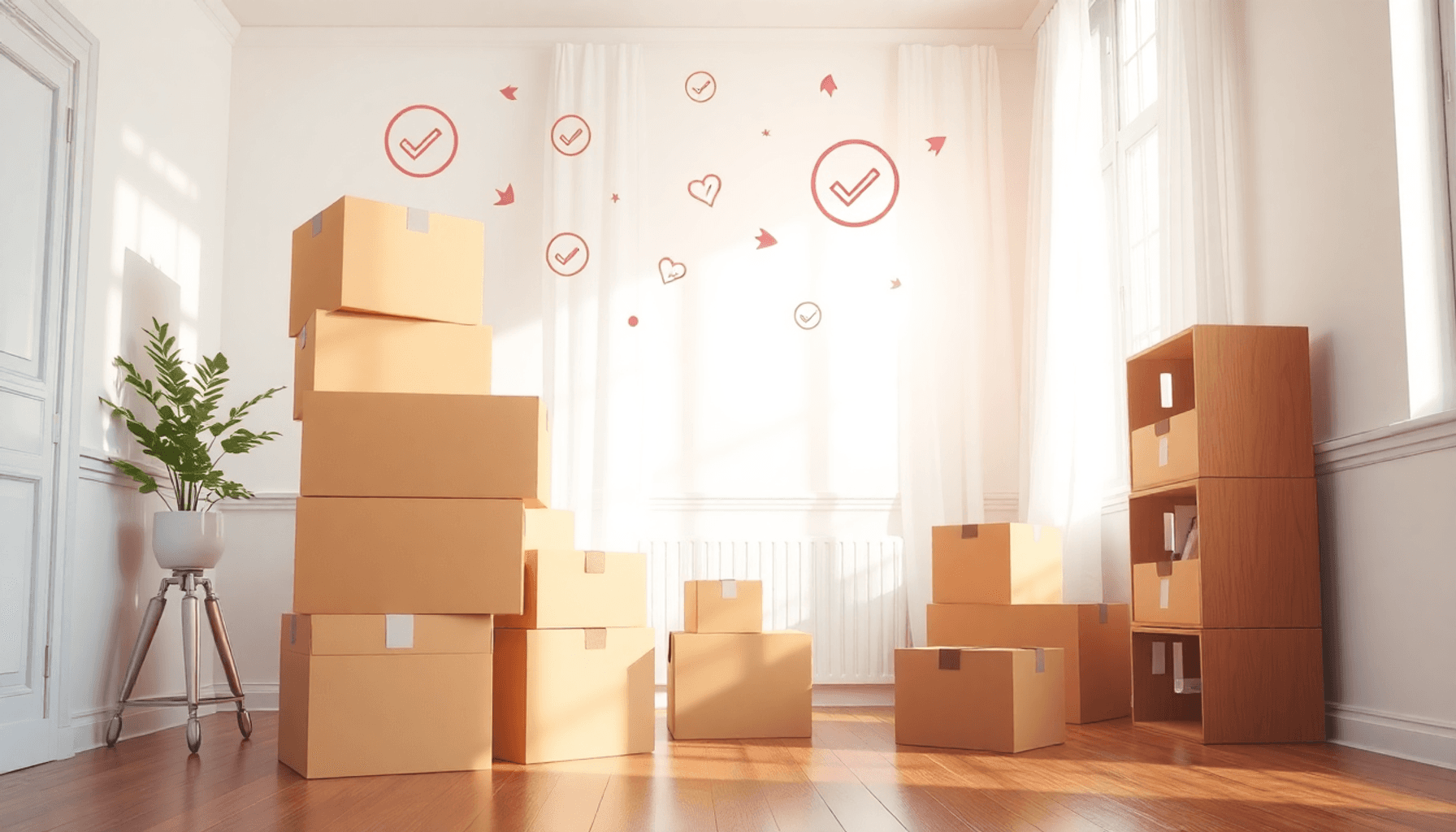 Chambre ensoleillée avec des cartons de déménagement empilés et des coches et flèches flottantes