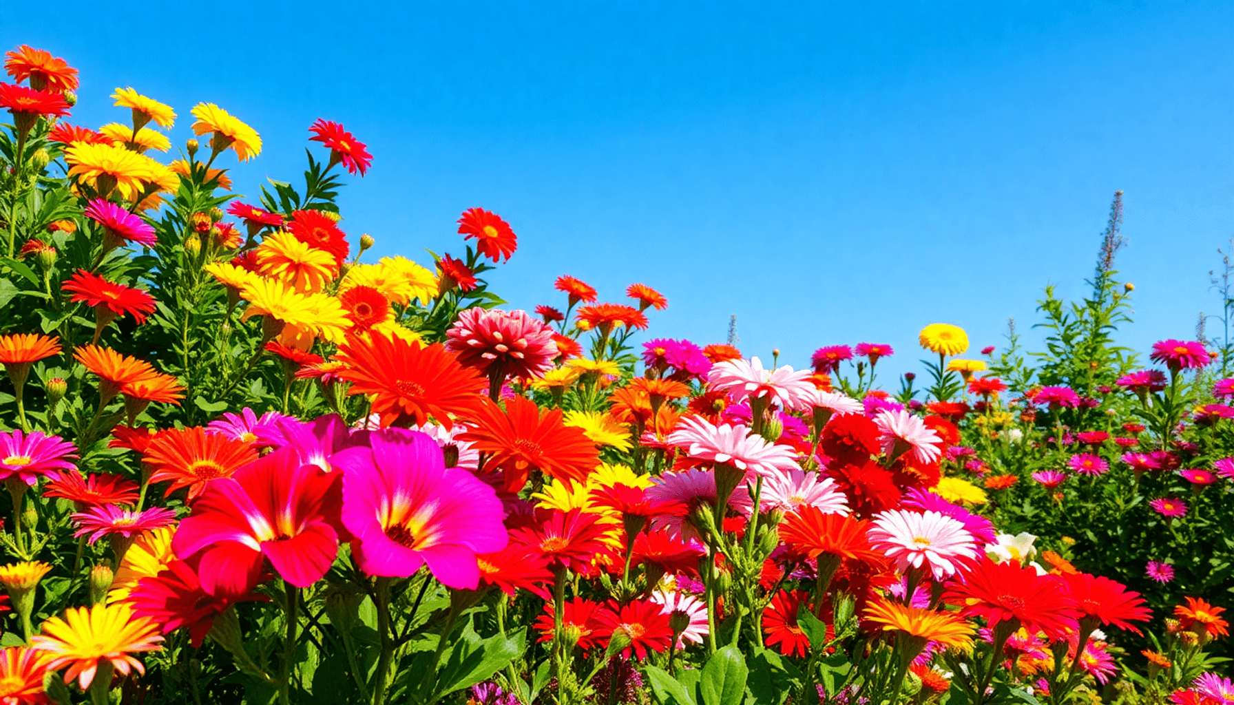 Jardin d'été  avec des fleurs colorées en pleine floraison, un feuillage vert luxuriant