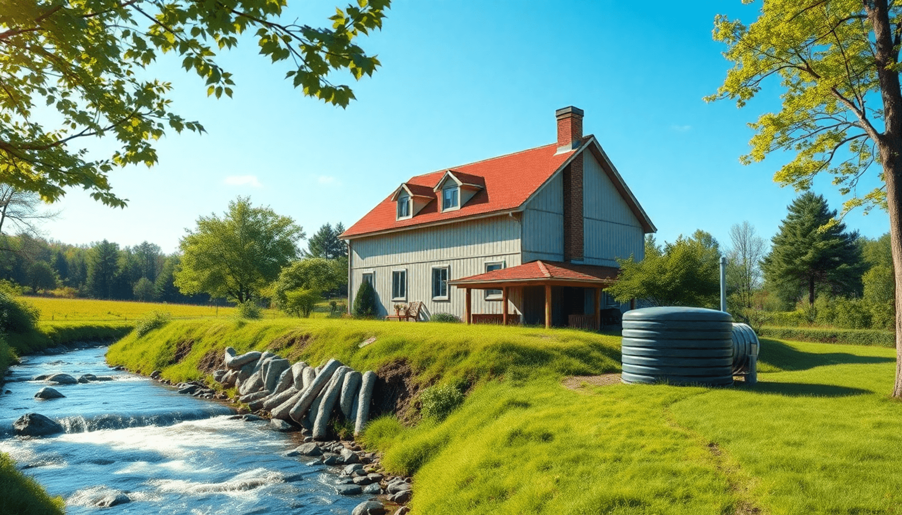 Une maison rurale entourée de verdure avec une fosse septique à proximité