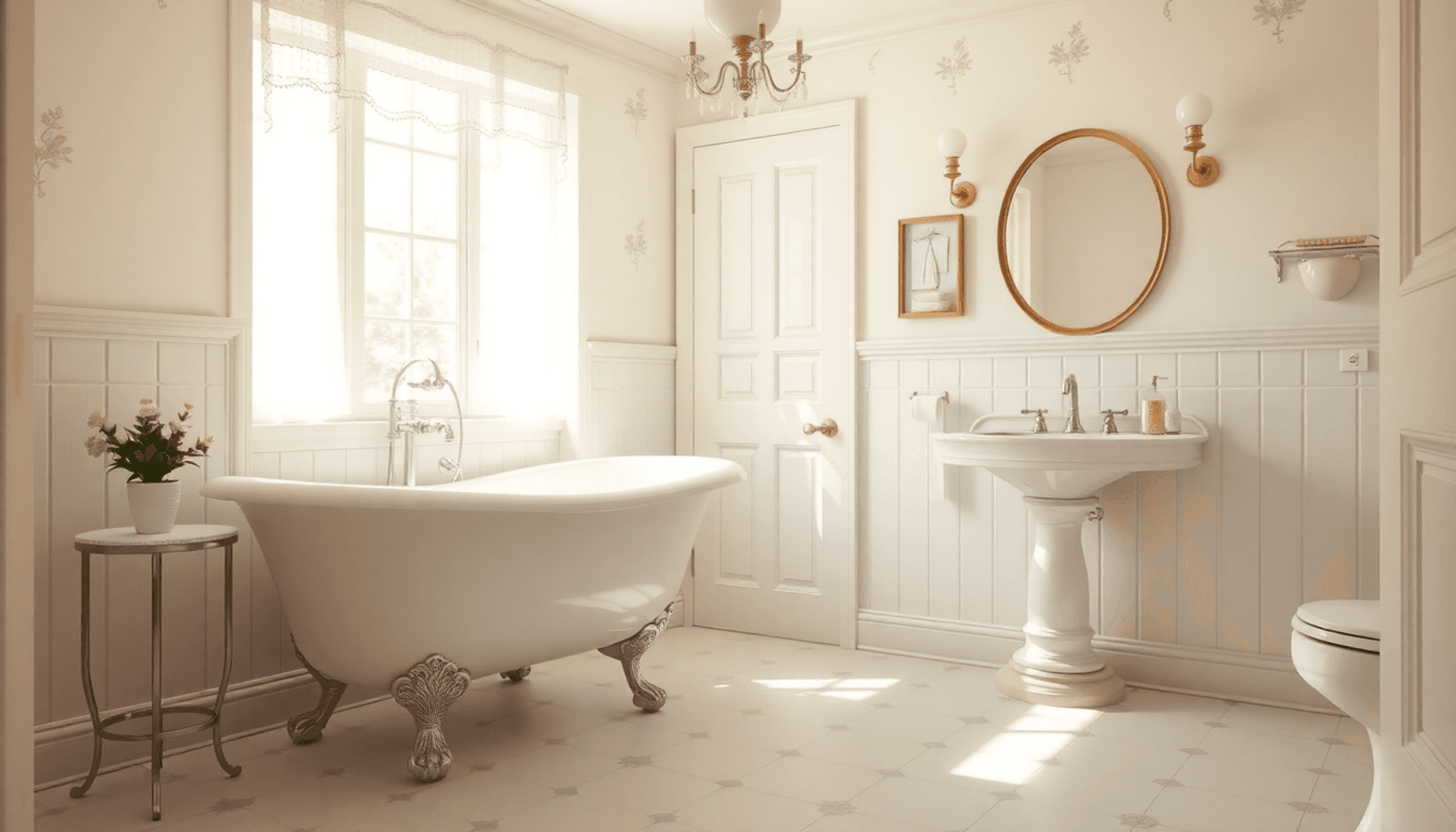 Salle de bain vintage lumineuse avec baignoire sur pattes, lavabo antique, tons pastel