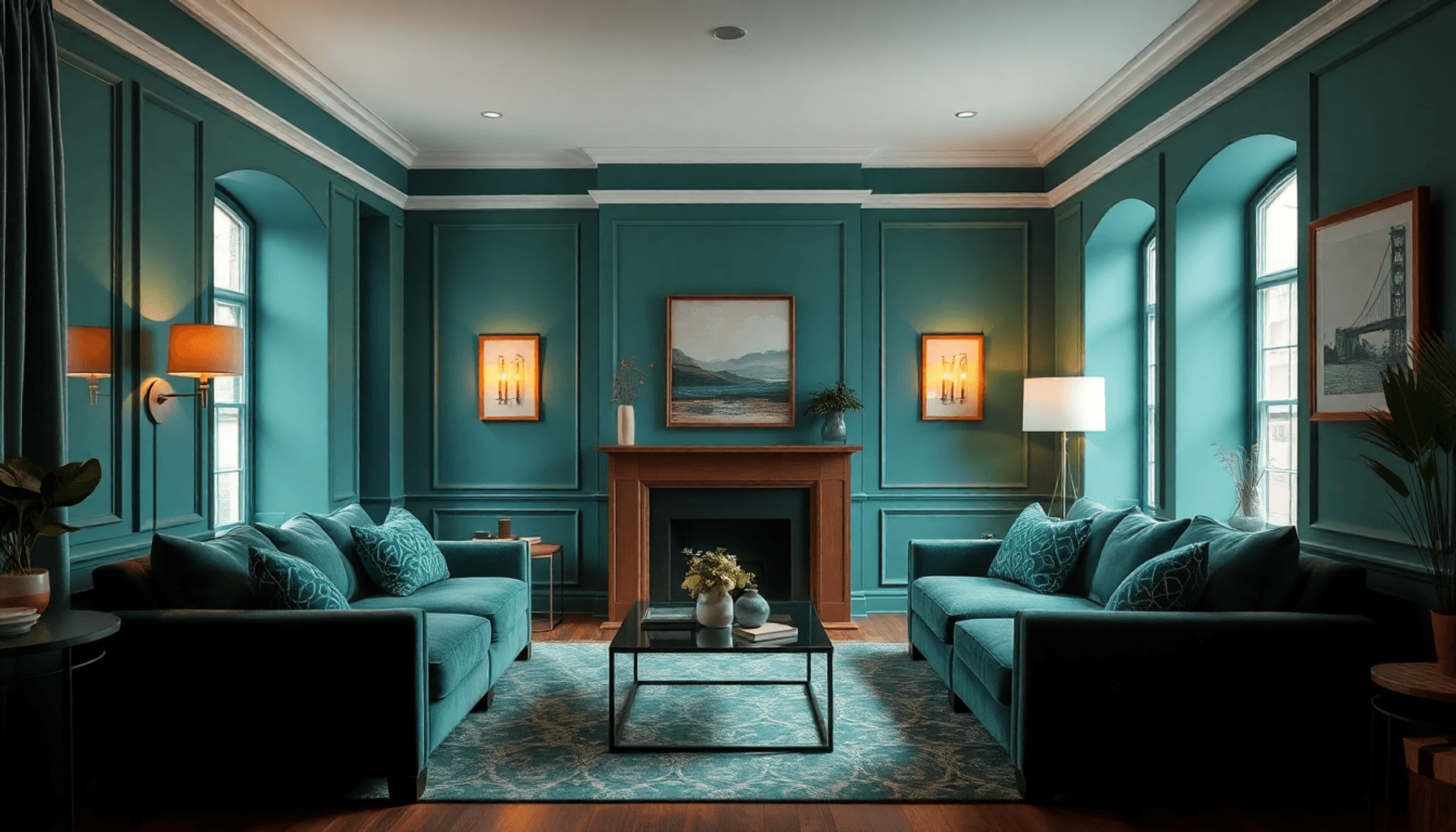 Salon confortable avec des murs vert canard, des meubles en velours assortis, un bel éclairage