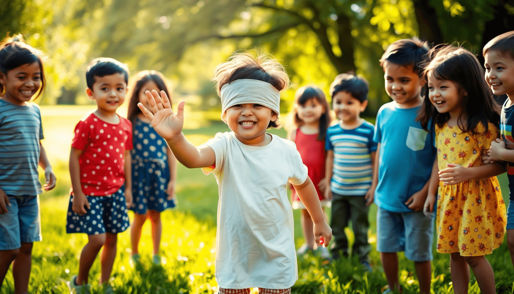 Des enfants jouant à un jeu de bandeau sur un champ ensoleillé et herbeux, entourés d'enfants souriants