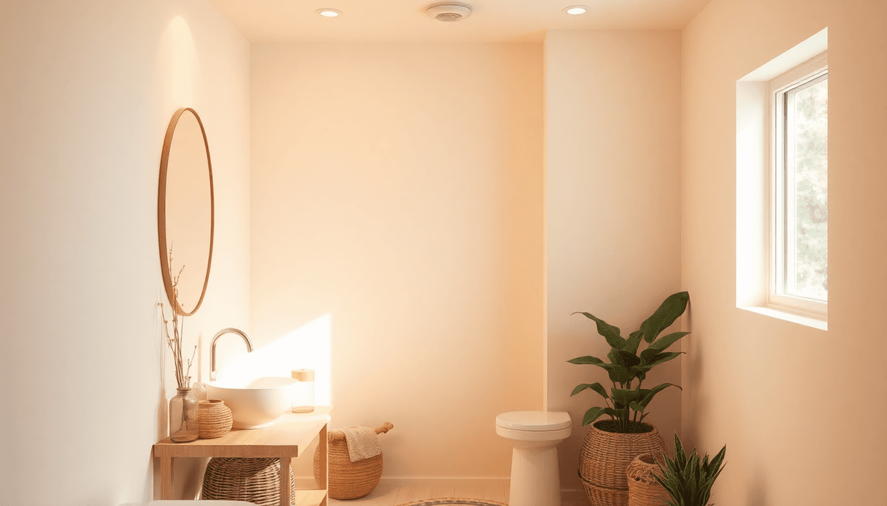 Salle de bain cosy avec des murs en lumière chaude, des accents en bois, des plantes.