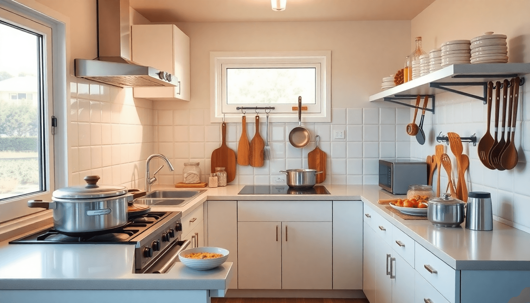 Cuisine moderne lumineuse avec des ustensiles et des casseroles soigneusement rangés