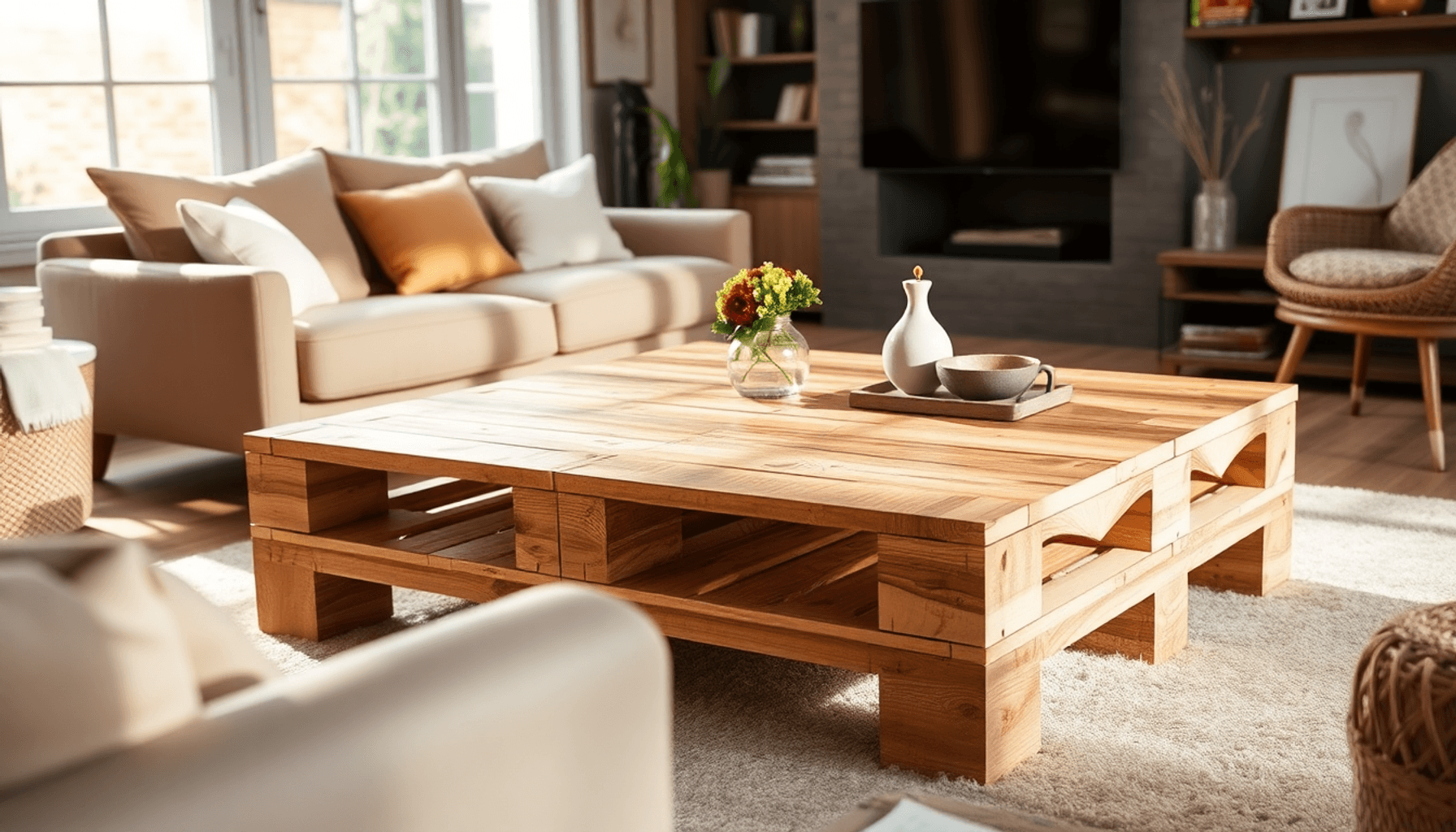 Salon confortable avec une table basse en palette de bois rustique, des textures en bois naturel