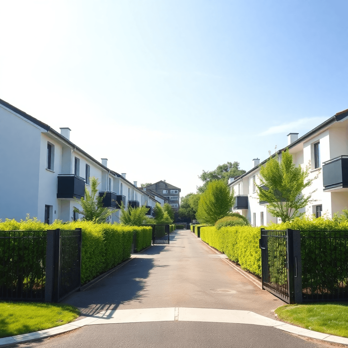 Un quartier suburbain ensoleillé avec des maisons modernes.