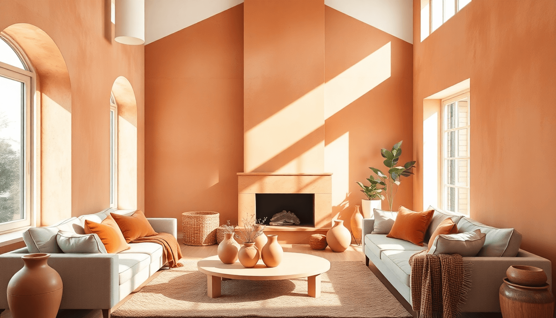 Salon confortable avec des murs en terre cuite, mobilier moderne avec des coussins assortis